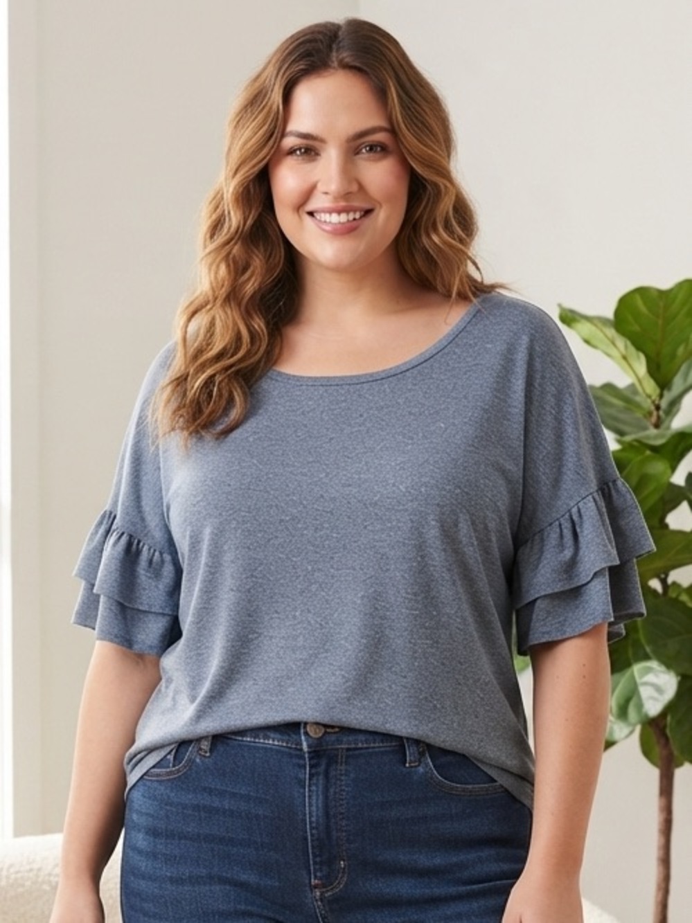 Hannah Dusty Blue Ruffle-Sleeve Scoop Neck Blouse
